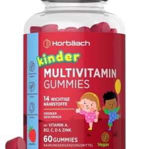 Multivitamina për fëmijë – arusha xhelatinoze | 14 lëndë ushqyese të rëndësishme me jod, zink, vitamina C, E, D, B6, B7, B12 & krom | 60 gummies | shije natyrale luleshtrydhe